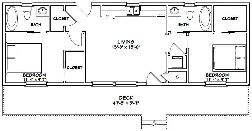 48x16 House - 2 Bedroom 2 Bath - 768 sqft - PDF Floor Plan - Model 1E
