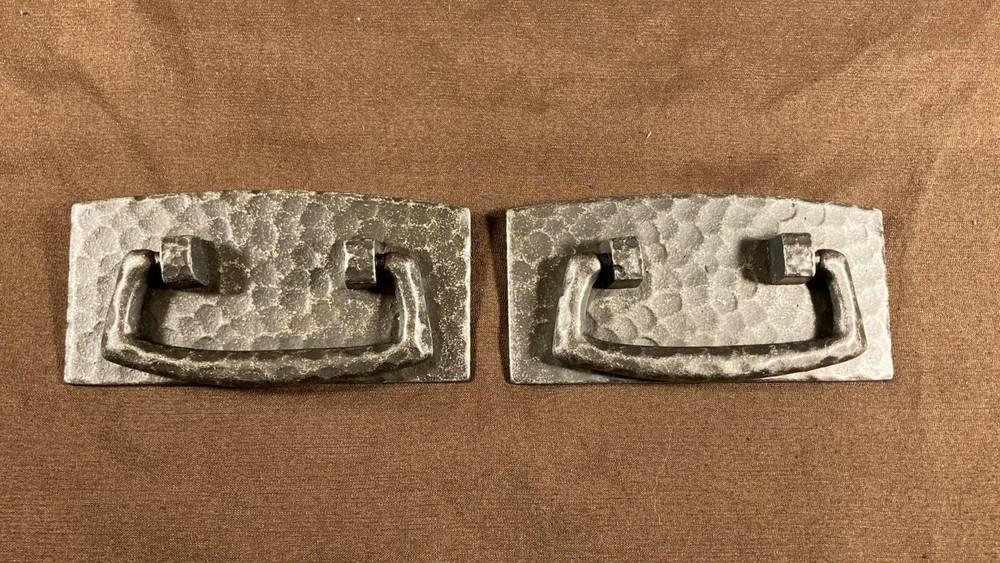 Pair Bail Pull Solid Cast Bass Hammered Pewter Finish Mission Arts Crafts Style