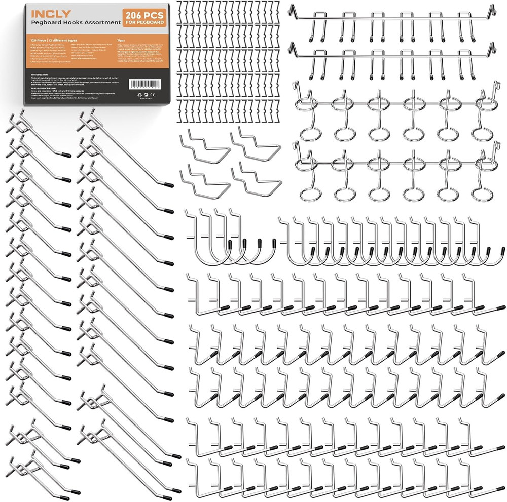 Pegboard Hooks Set for Hanging Tools, 206PCS Heavy Duty Peg Hook Hanger & Holder