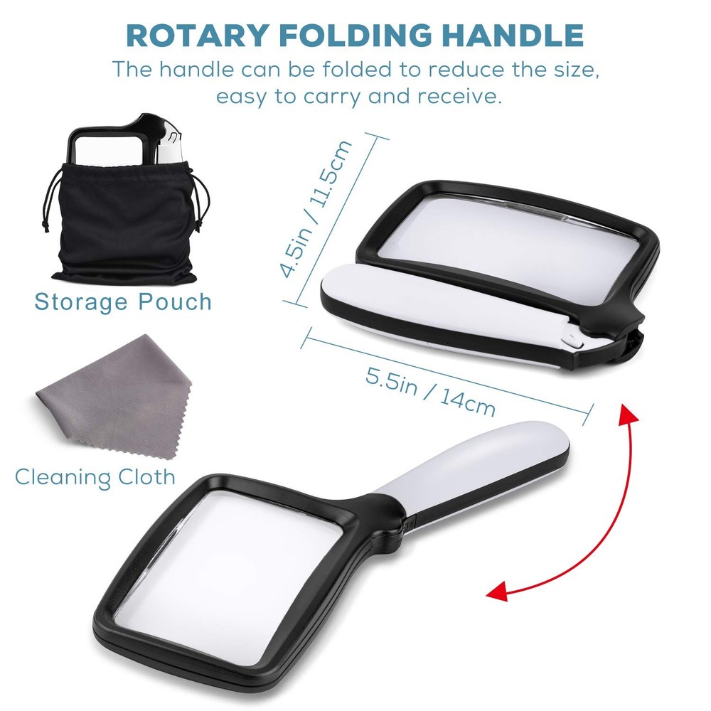 Folding Handheld Magnifying Glass with Light, 5X Large Rectangle Reading Magn...
