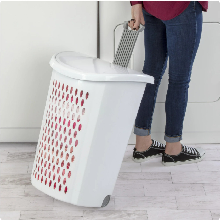 Sterilite Ultra Wheeled Laundry Hamper White Plastic Basket w/ Handle & Wheels