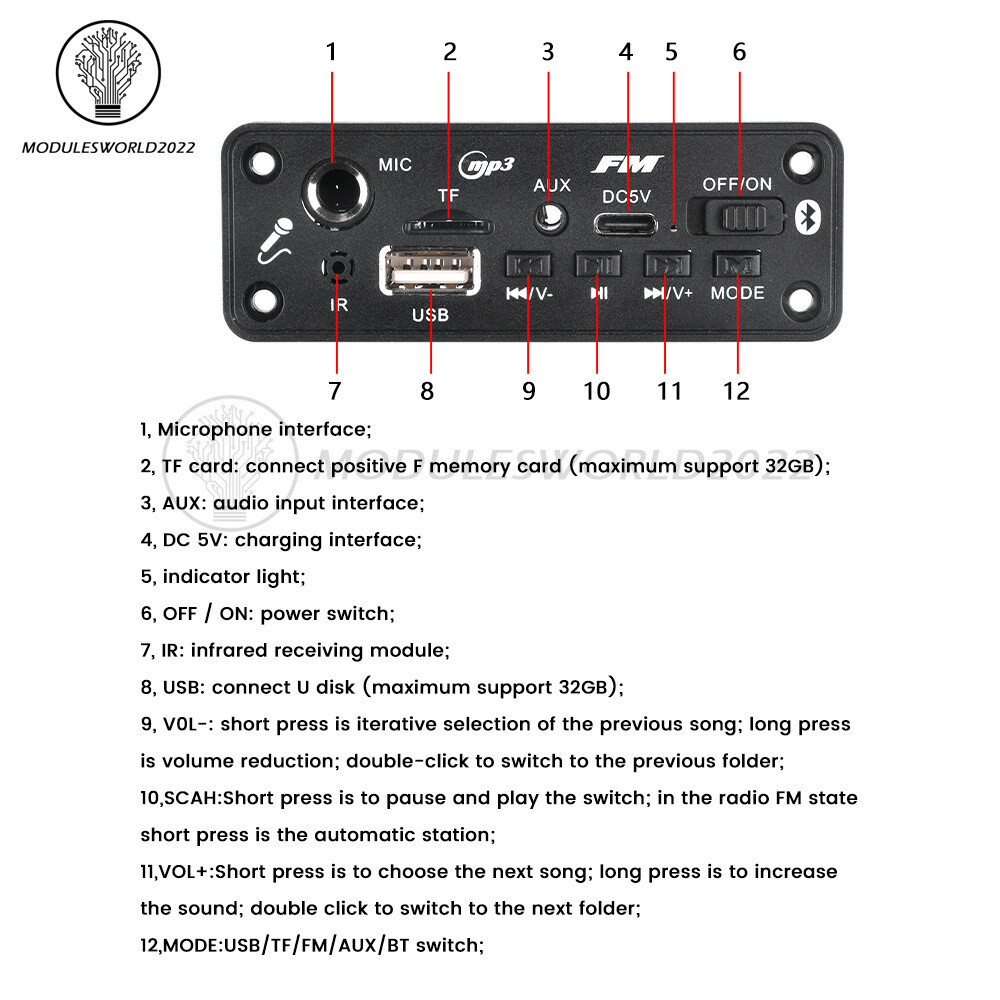 MP3 Bluetooth5.3 Power Amplifier Decoder Board USB TF FM Radio 2*3W Audio Player