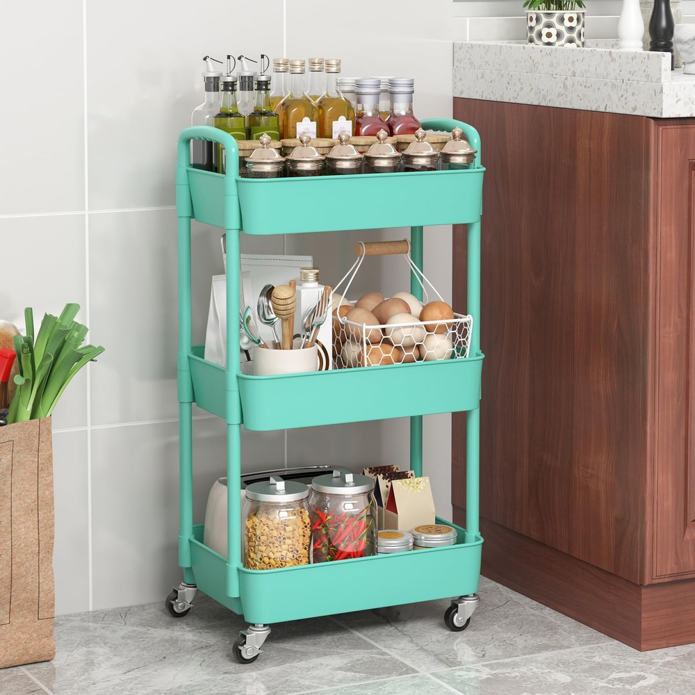 Sywhitta 3-Tier Plastic Rolling Utility Cart w/ Handle, Multi-Functional Storage