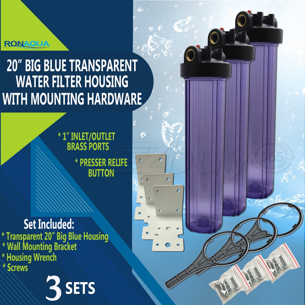 3 Transparent Big Blue Housings 20" for Whole House Water Filtration System.
