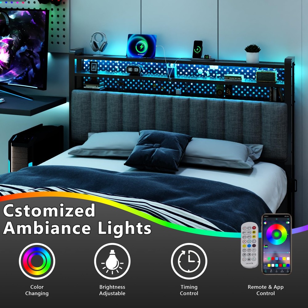 Queen Size Upholstered Headboard with Storage LED Charging Station Dark Grey