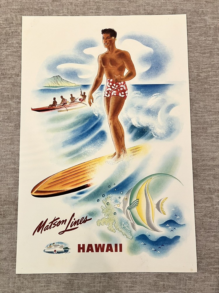 Original 1955 Matson Lines Hawaii Surfing Poster