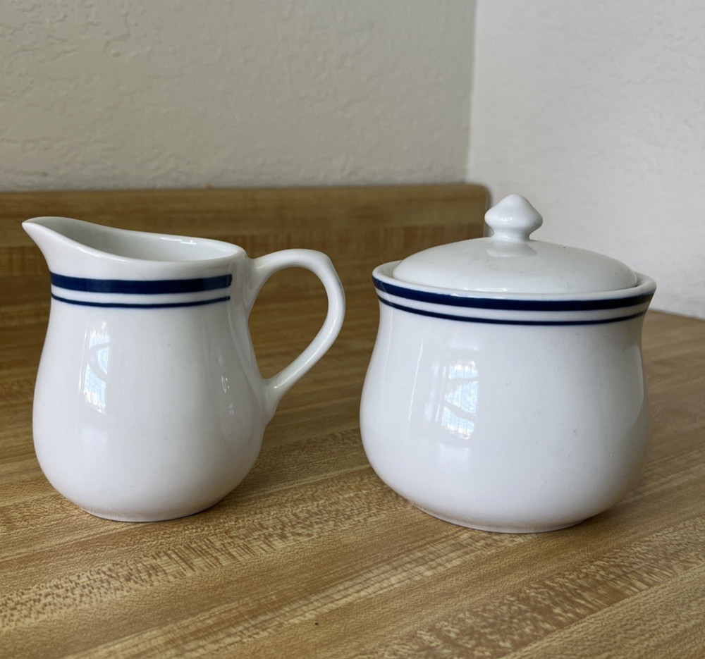 Test Rite International White Blue Striped Stoneware Cream & Sugar Set
