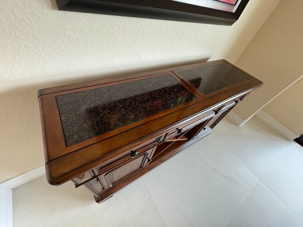 Antique Solid Wood Sideboard Buffet with Wine Rack & Granite Top