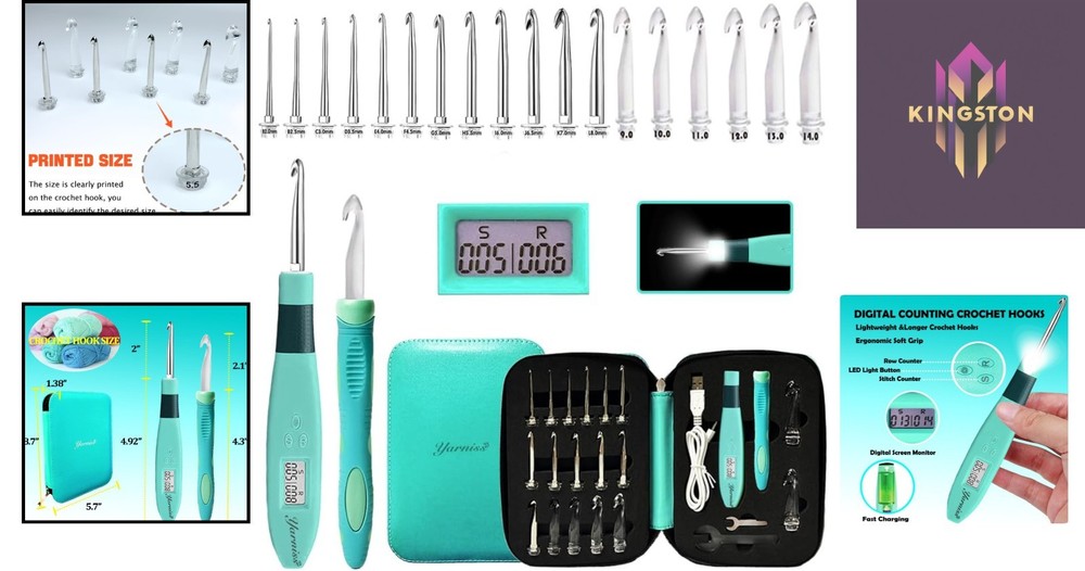 Complete 18-Piece Digital Counter Crochet Hook Set - Lighted & Interchangeable
