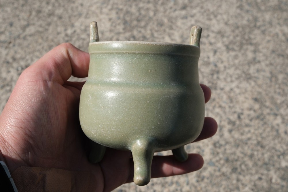 A0139. Longquan Celadon Tripod Censer with Double Handles