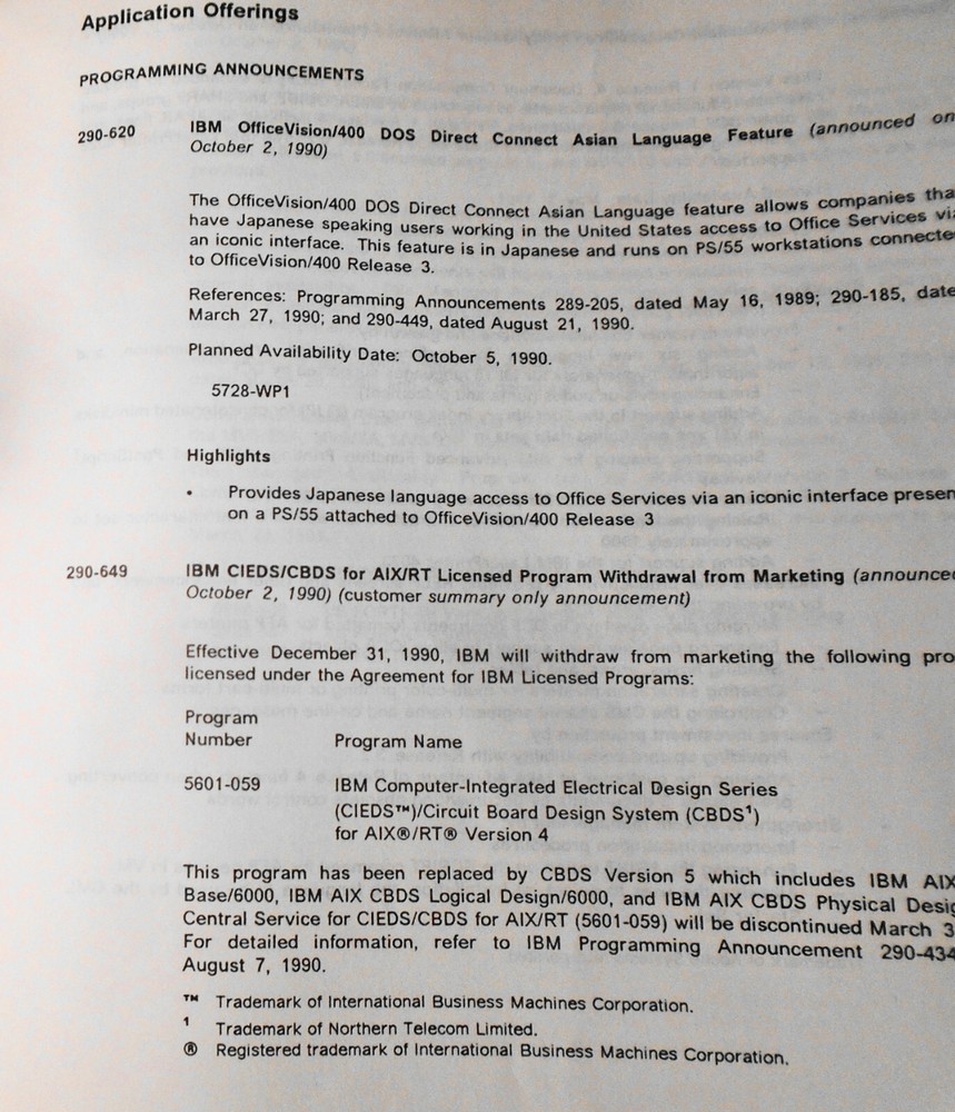 IBM Announcement Letter Summary, 10/23/1990 : System/370, Cooperative Processing