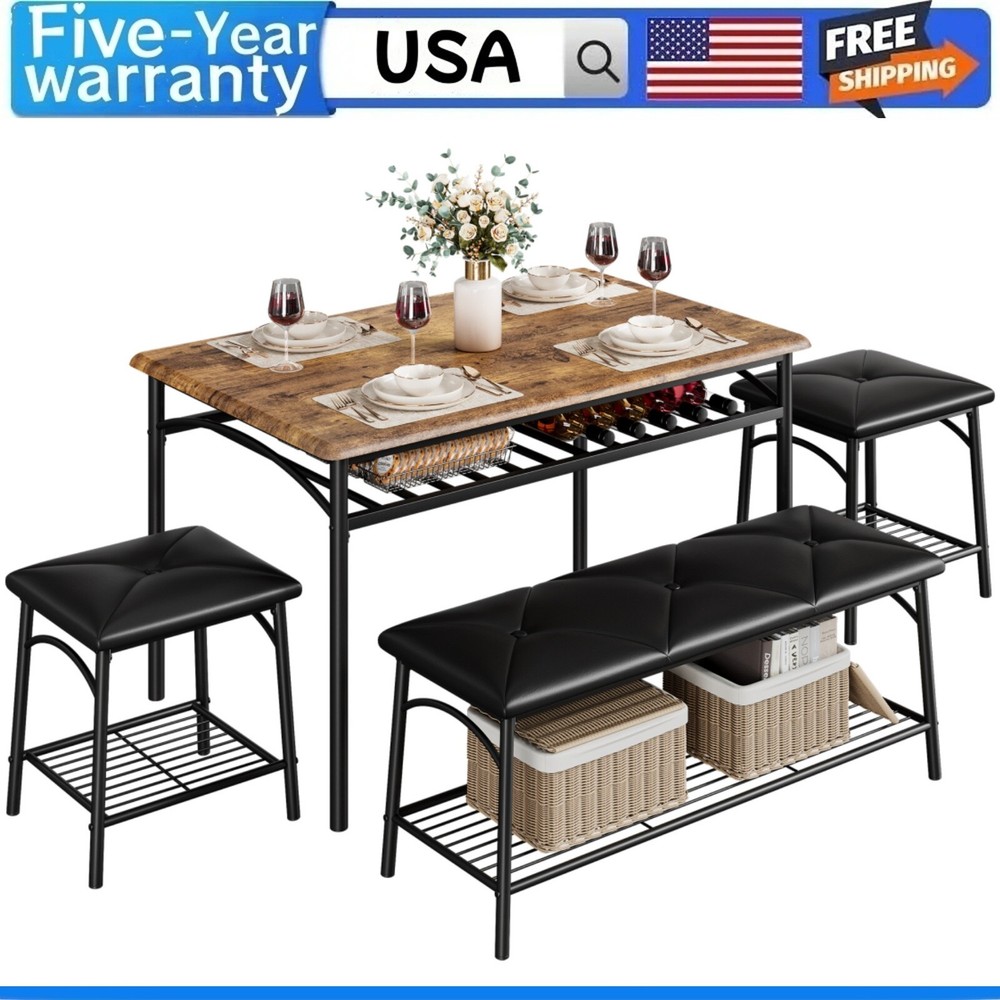 🧰Kitchen Table Set for 4 Bench and 2 Square Stools Storage Shelves Apartment