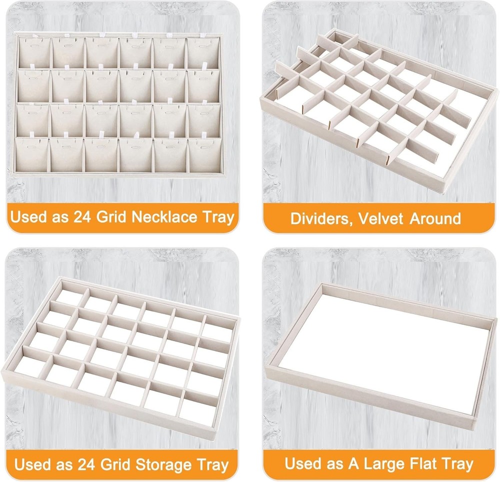 Velvet Jewelry Organizer Tray 24 Compartments Stackable & Removable