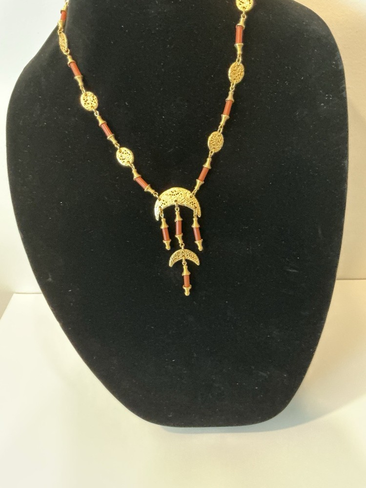 Boho Style Necklace with Gold Tone Disks & Rust Beads Dangling Charm