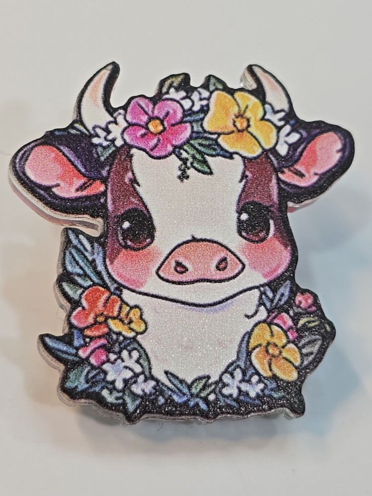 Cute Cow With Flowers Lapel Pin Flat Hard Plastic