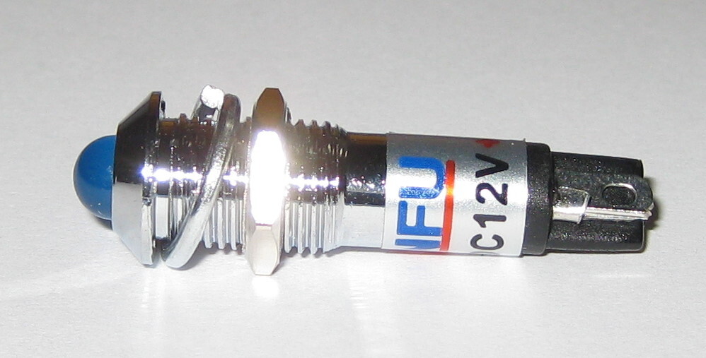 Panel Mount LED - Blue - Chrome Case - 12V DC - 8mm Mounting - Lockwasher / Nut