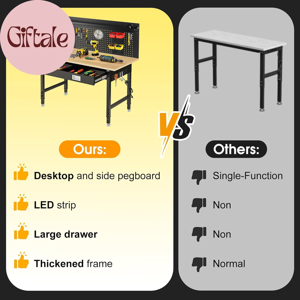 60" Adjustable Work Bench with Drawers, Workbench for Garage with Strip Light, W