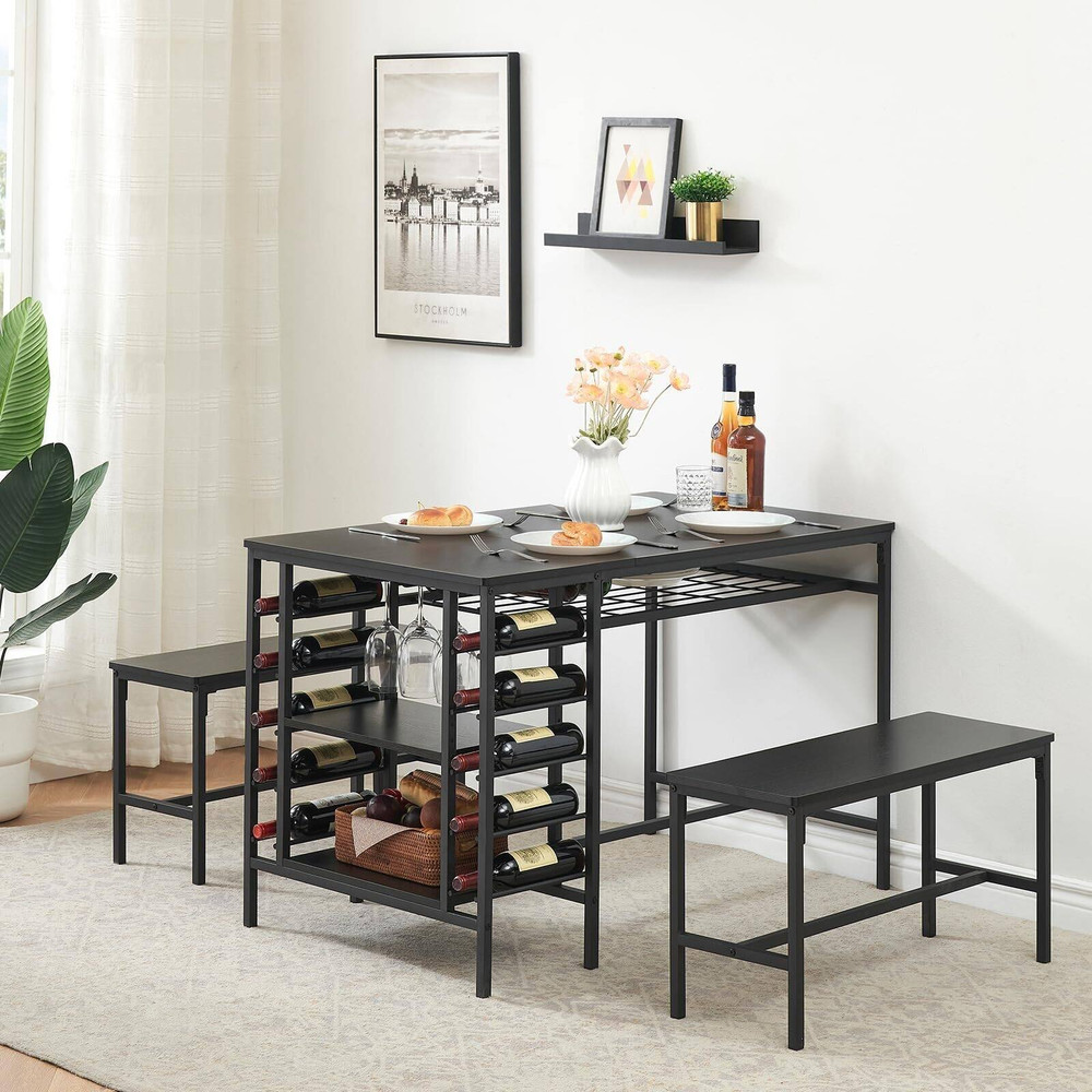 Kitchen Dining Table Set Storage Racks Wine Shelf Space Saving 2 Benches Seats 4