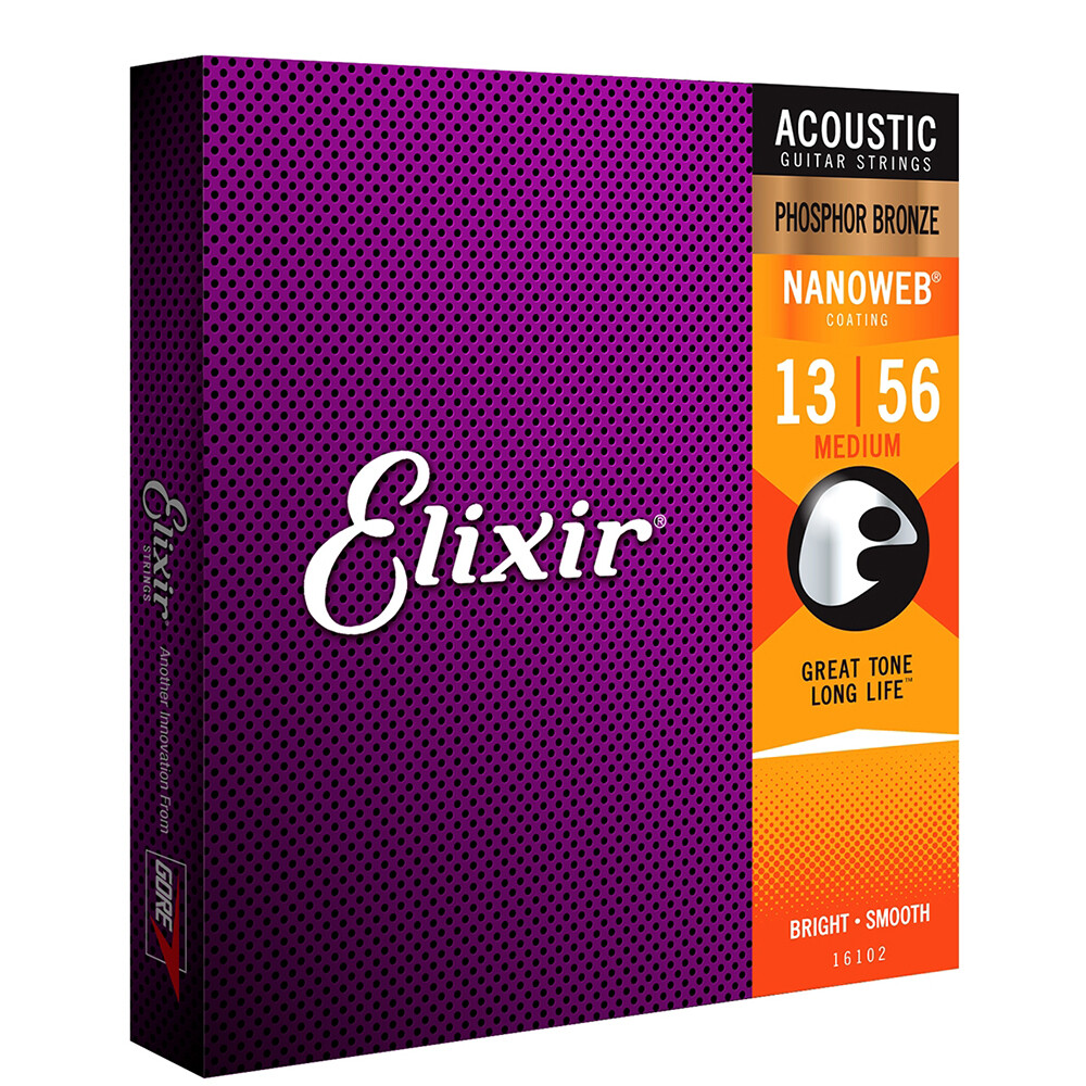 Elixir 16102 Nanoweb Phosphor Bronze Medium Acoustic Guitar Strings (13-56)