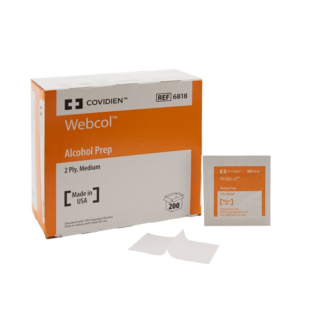Webcol Alcohol Prep Pad Sterile 70% Strength Medium REF 6818, 5 Boxes 1000 Pads
