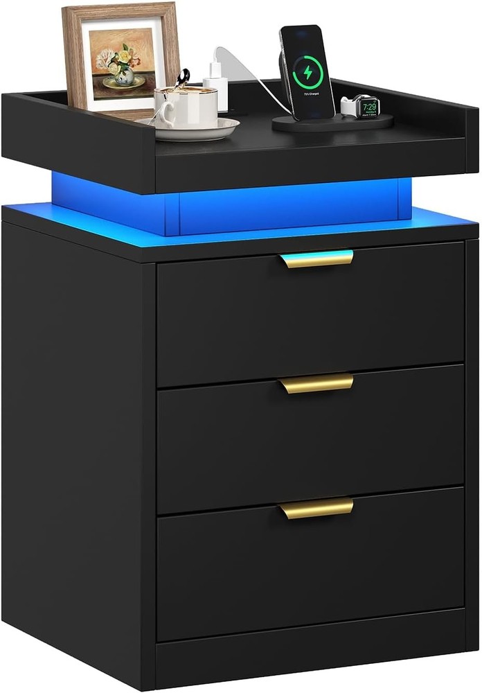 LED Bedside Table with USB Ports 3 Drawer Black