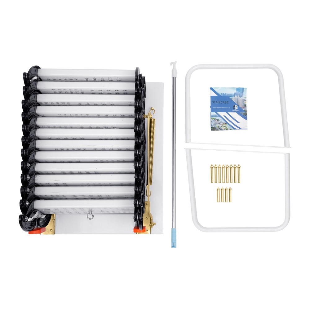 12 Steps Wall Mounted Folding Ladder Loft Stairs White Attic Steps Pull Down US