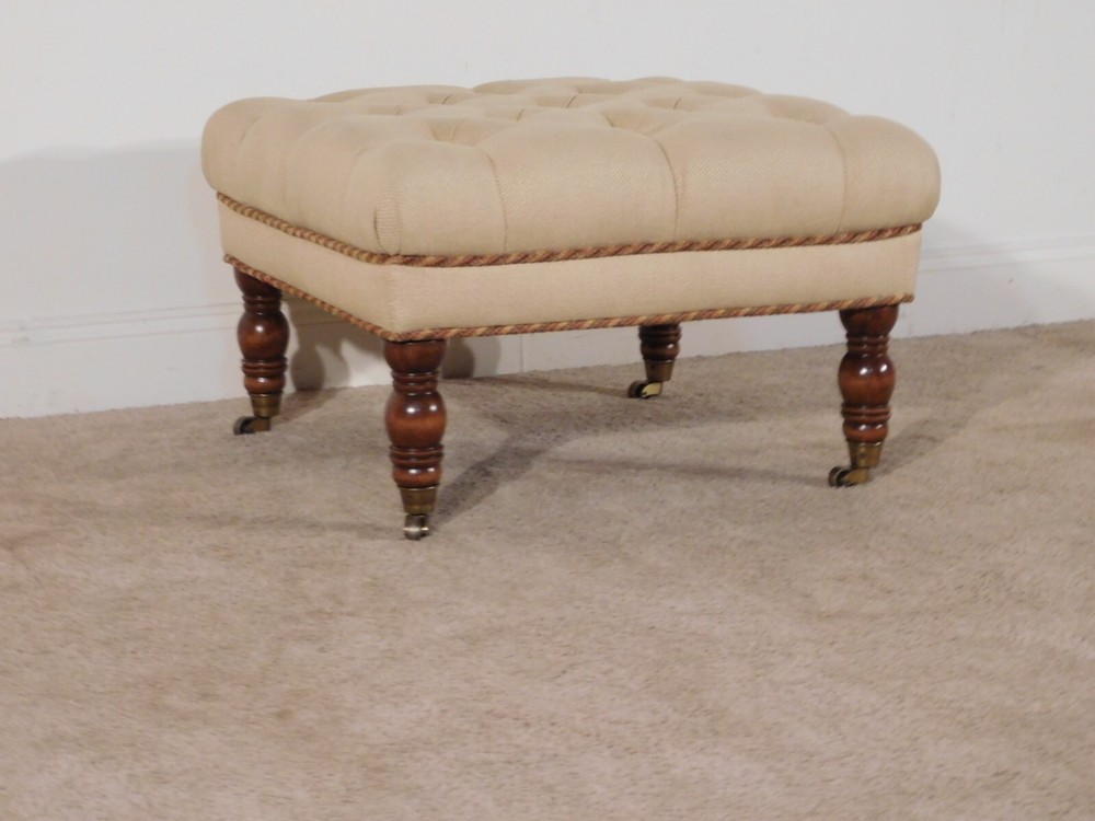 HENREDON Deep Tufted Ottoman Footstool on Heavy Brass Casters
