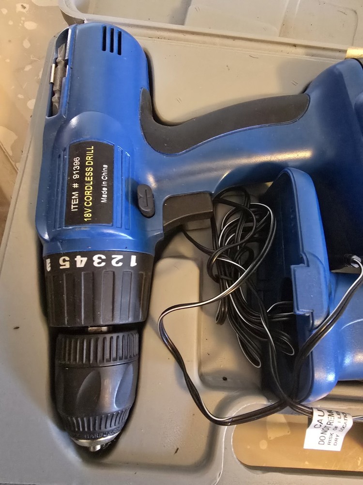 Drill Master 18V Cordless Drill & Flashlight Set w/Battery, Charger, Bits, Case
