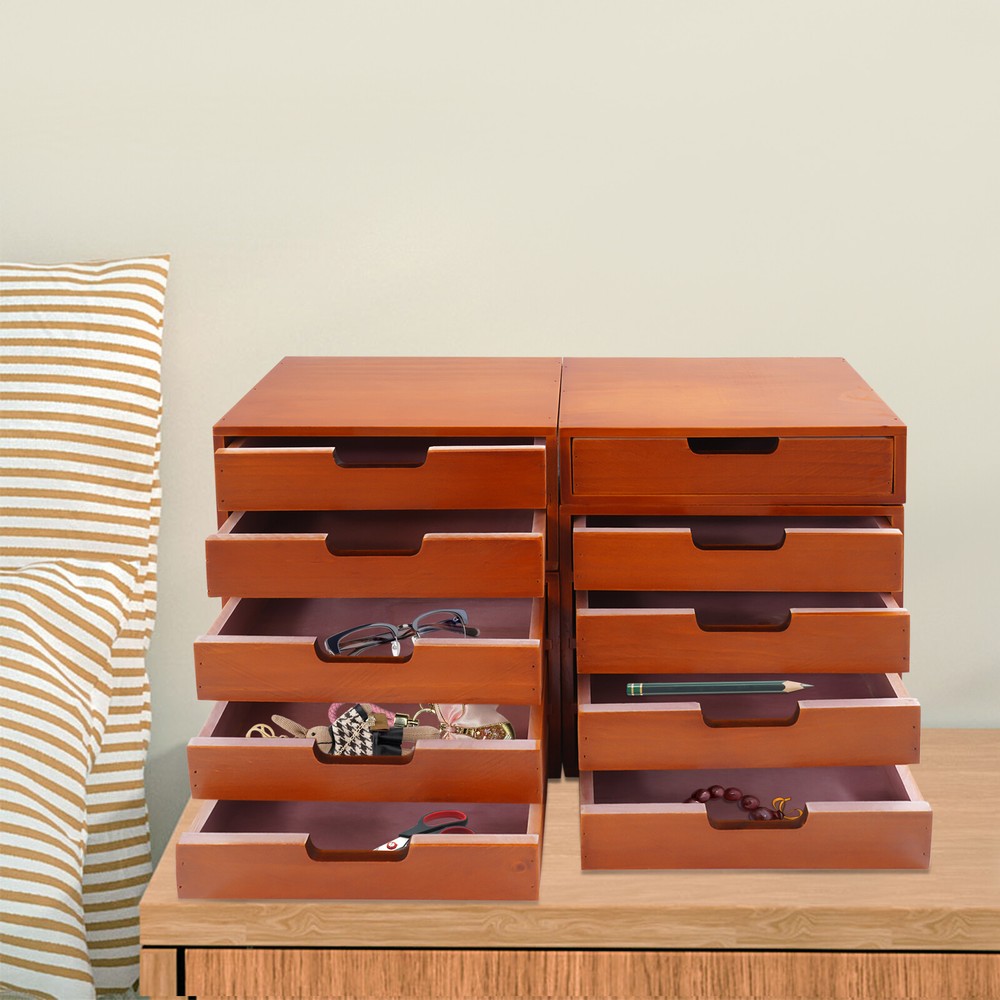4 Pack 10 Drawer Desktop Organizer Wooden Stackable Storage Utility Drawers