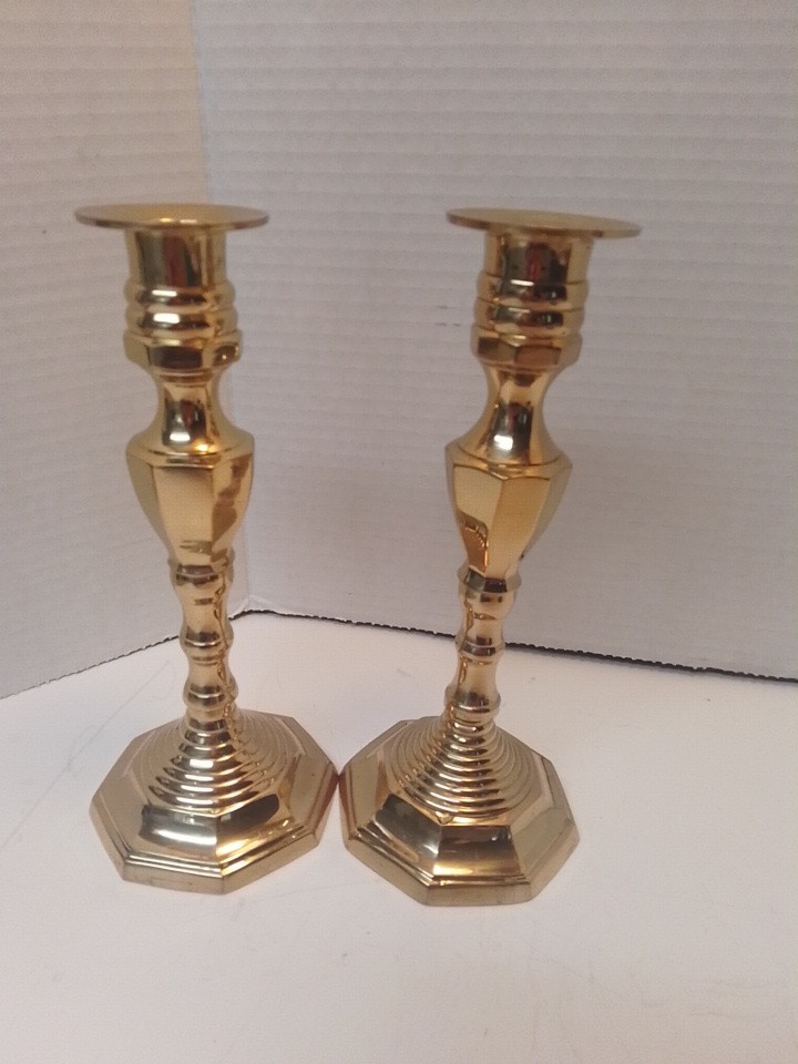 Vintage Baldwin Solid Brass Candlestick Holders Pair 8” Octagon Base Forged USA