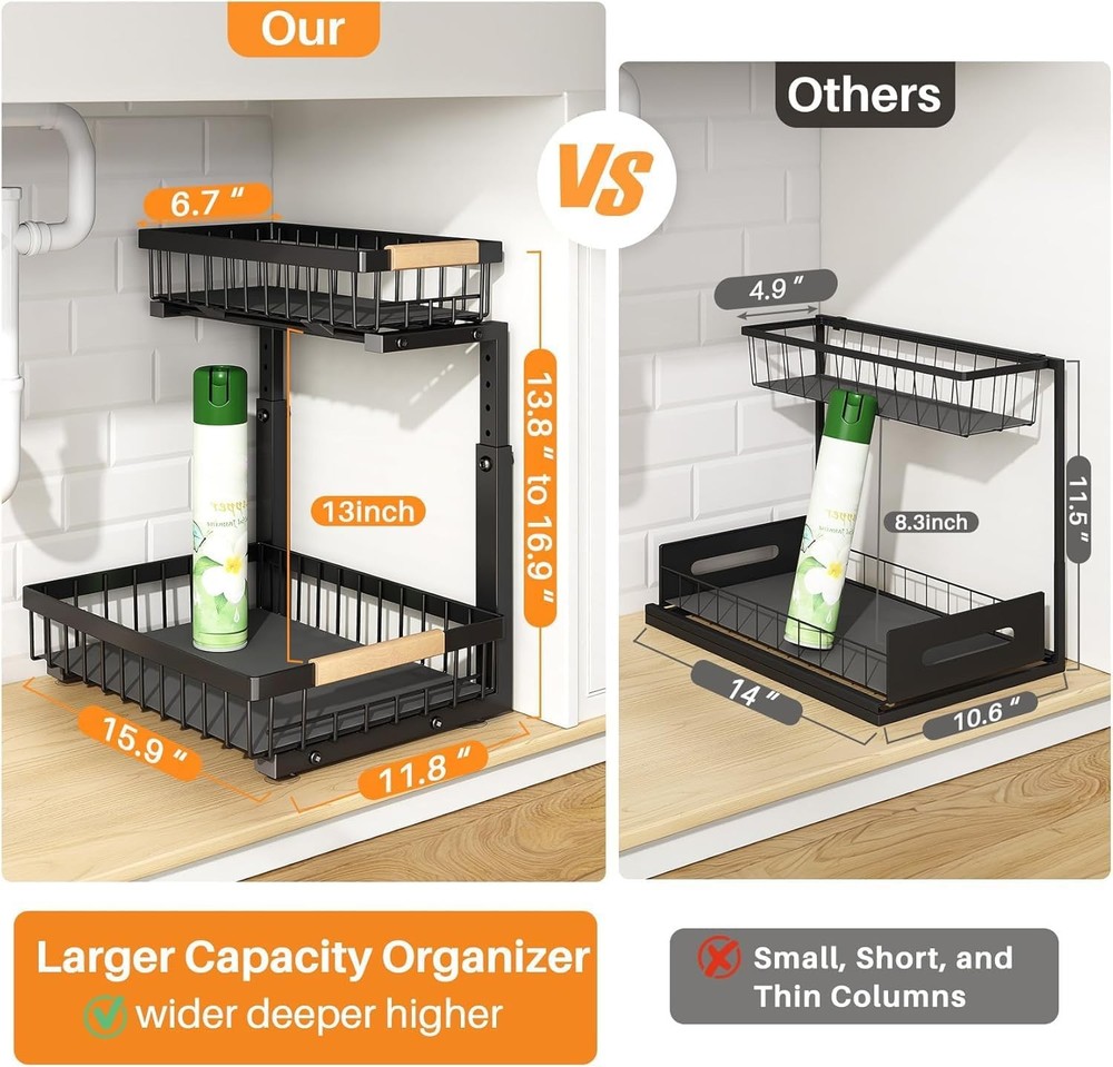 Under Sink Organizer Adjustable Height 2 Tier Pull Out Under Cabinet Organizer