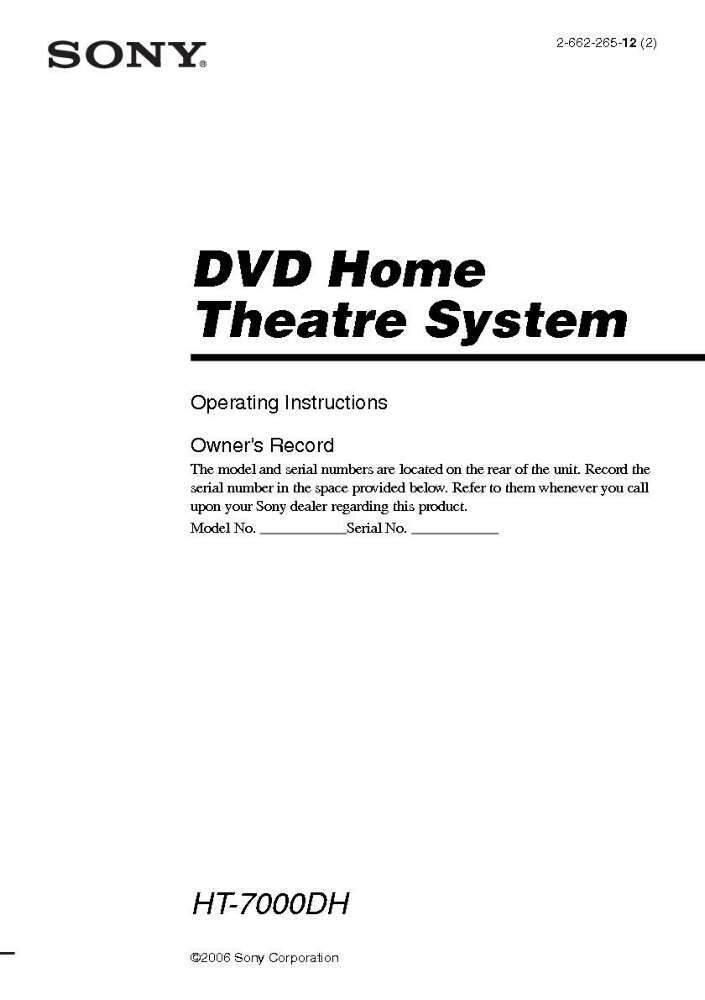 Sony HT-7000DH Home Theater System Owners Manual