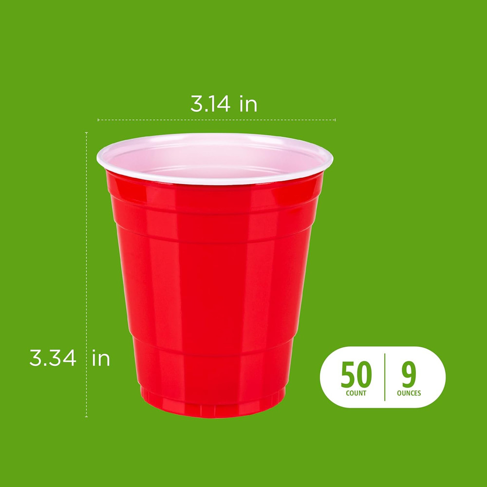 Amazon Basics SMALL 9Oz Disposable Plastic Party Cups, Red, 50 Count