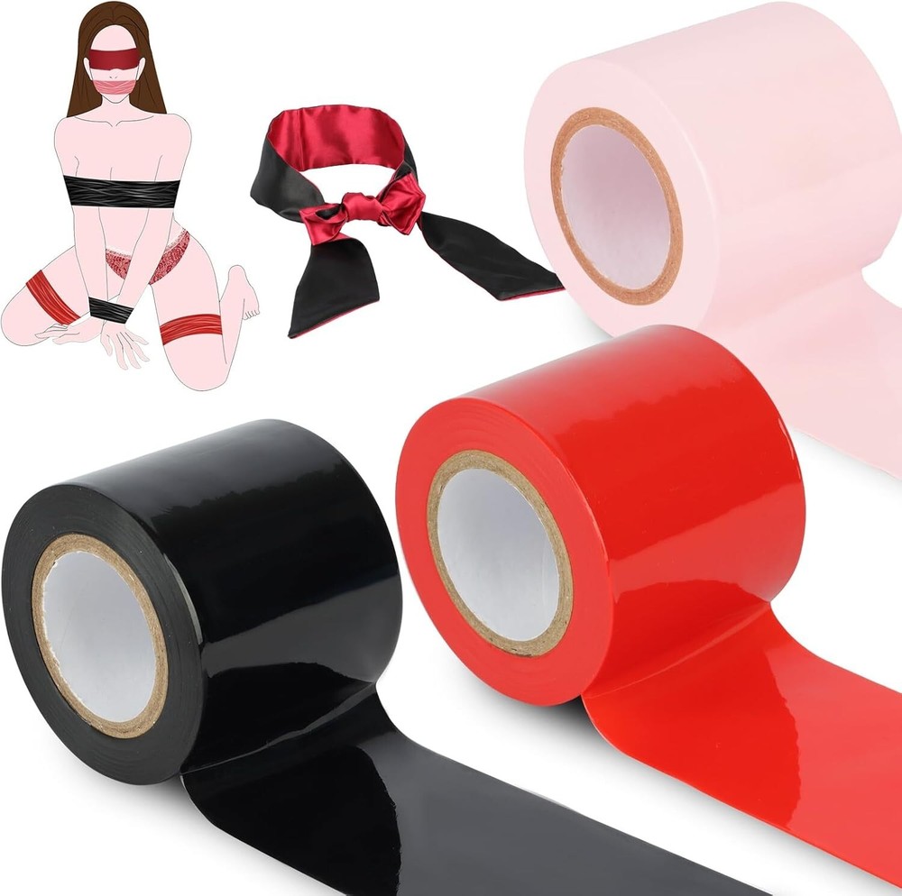 BDSM Bondage Restraints Tape Set – 3 Rolls Electrostatic Tape with Blindfold ...