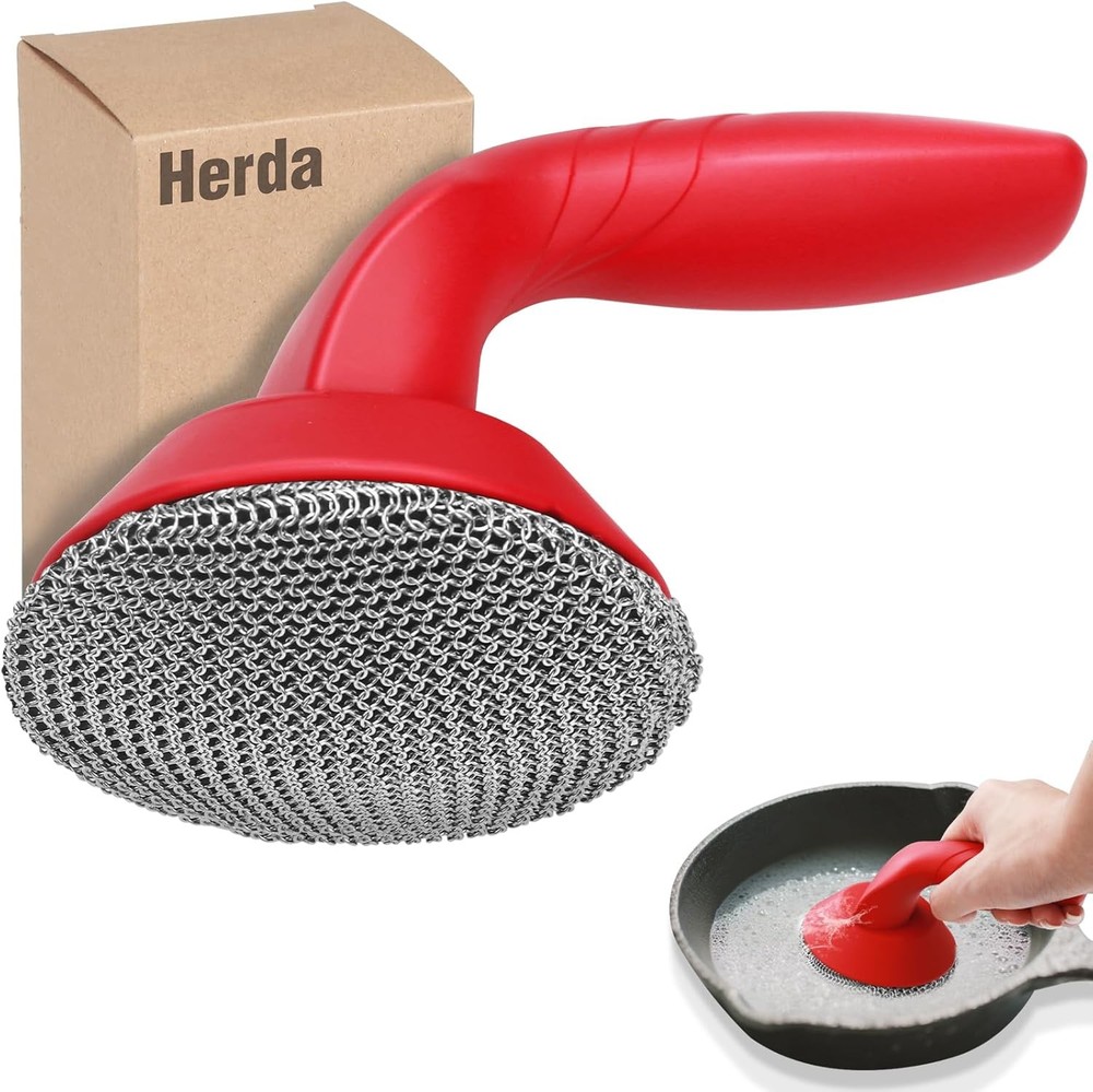 Cast Iron Cleaner Scrubber with Handle -3mm Welded Chain Mail Cast Iron