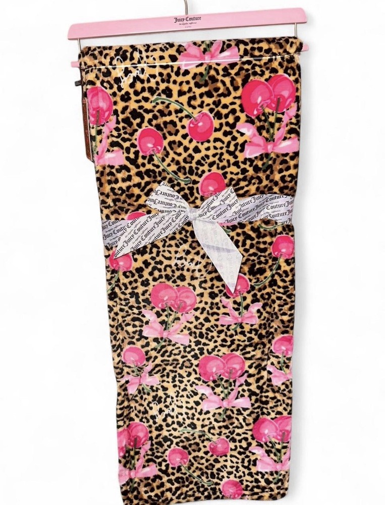 Juicy Couture Leopard Cherry Print Oversized Plush Throw Blanket 60x70in