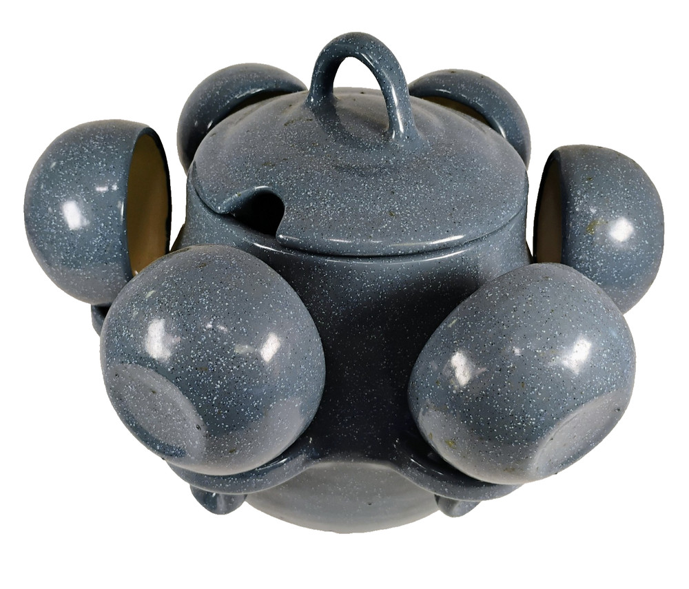 Ceramic Soup Pot Self Holding with Five Handled Bowls Blue Speckle