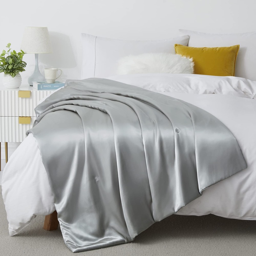 Silk Throw Blanket - Silver Grey Cooling Packable Satin Blanket for Couch, Be...