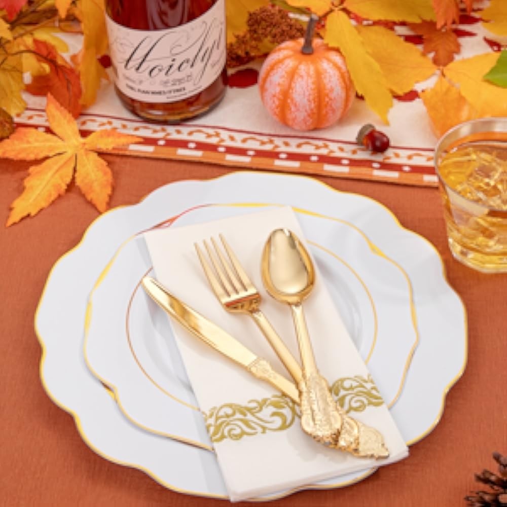 Gold Plastic Plates with Disposable Sierware - White Gold Plastic