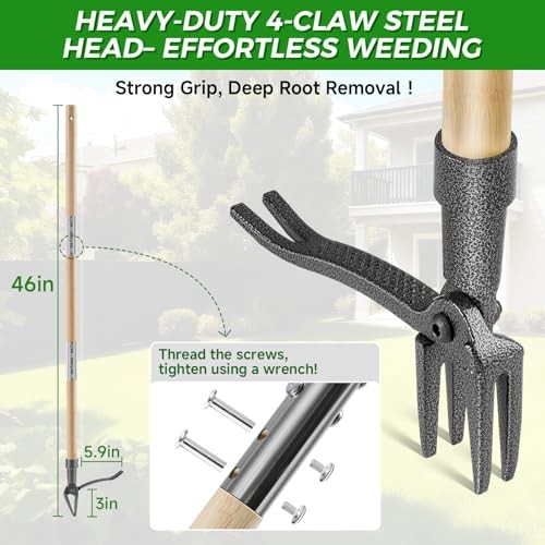 Weed Puller Tool, Stand Up Heavy Duty Root Removal Tool with 4 Bamboo brown