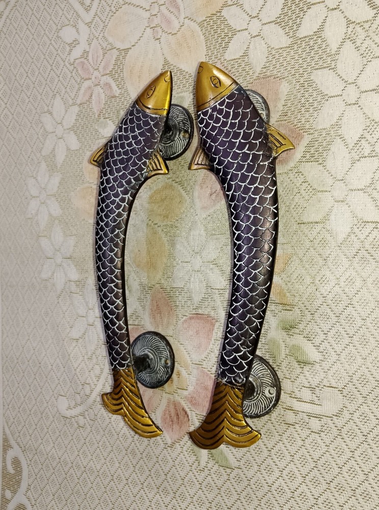 11" Inches Fish Door Handle Pair Brass Nautical Creature Door Pull Decor CA116
