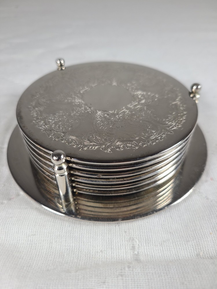 Vintage Silverplate 6 Coaster Set - Floral Engraving