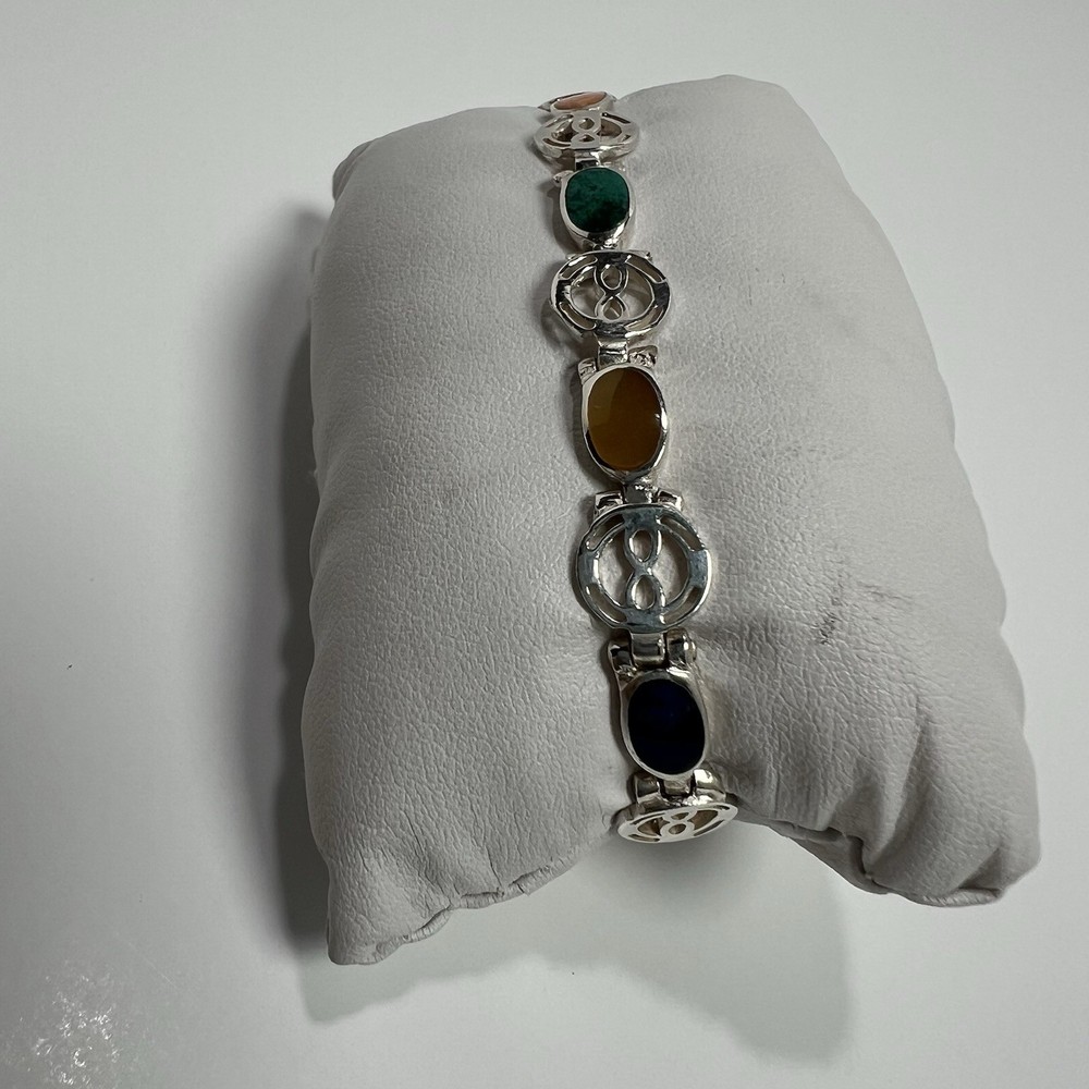 Peruvian 925 Sterling Silver Multi Gemstone Link Bracelet