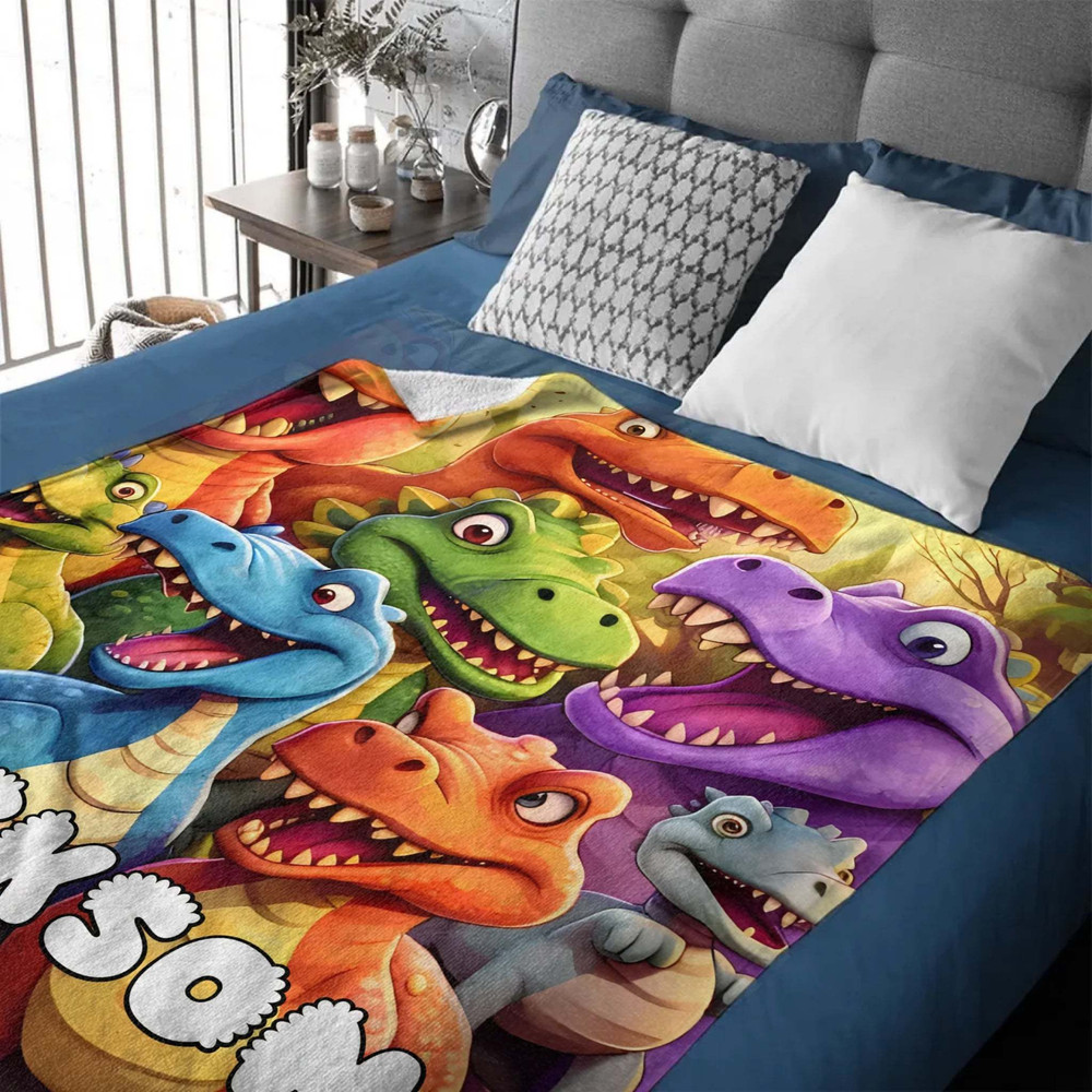Personalized Cute Dinosaur Flannel Blanket Custom Name Kids Gift