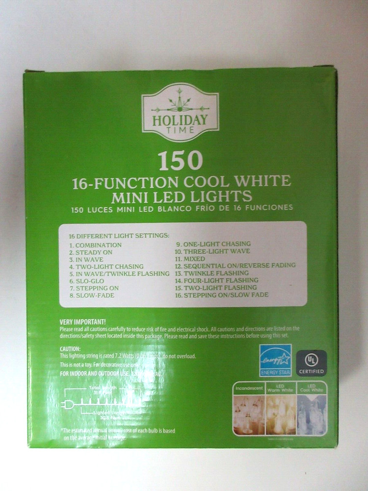 Holiday Time Mini LED String Lights 150 Cool White 16 Function Corded NEW