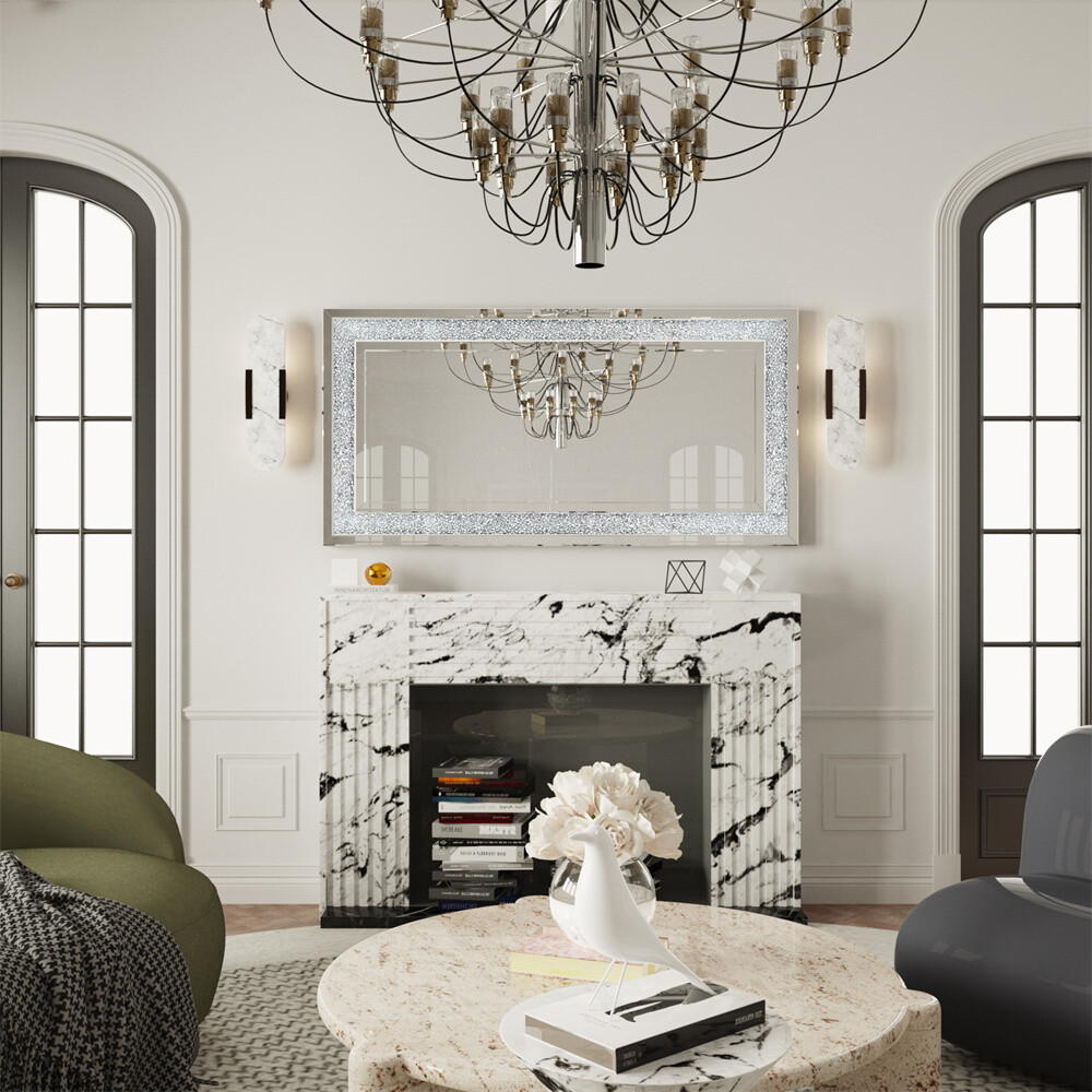 Crystal Crush Diamond Rectangle Silver Mirror for Wall Decor HD Frameless Mirror