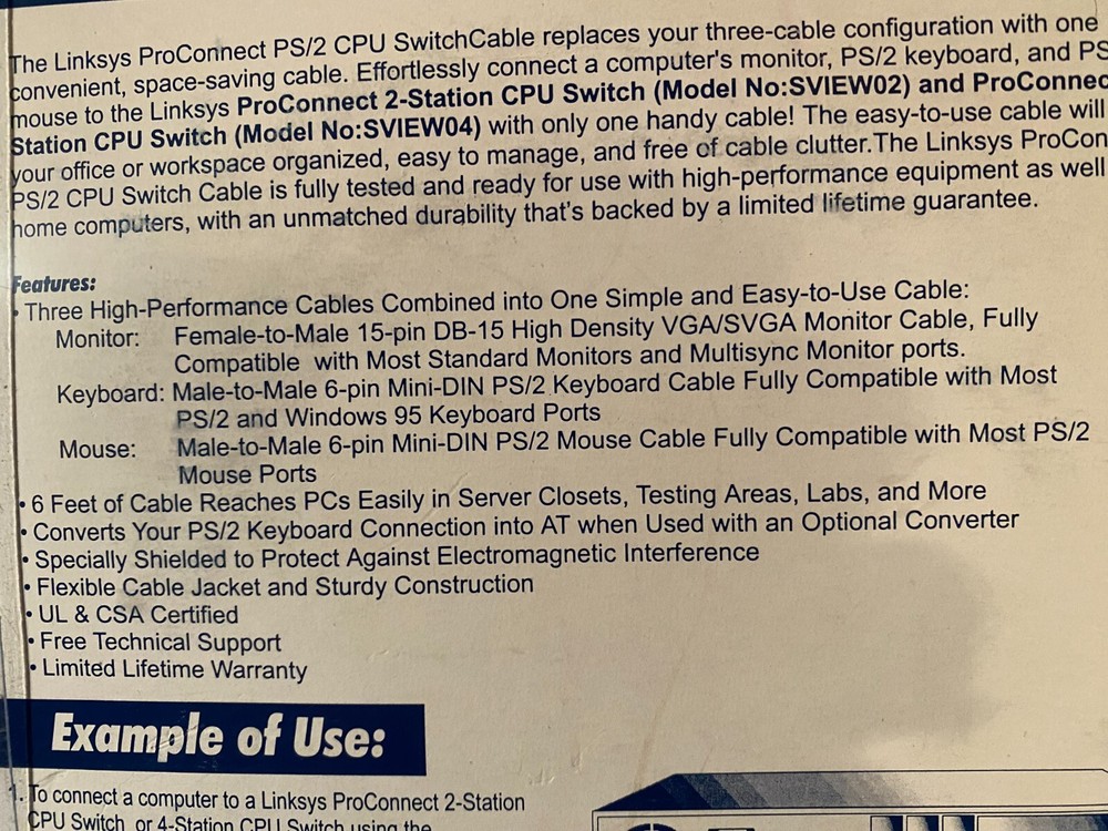 ProConnect Linksys CPU Switch Cable Model SVPS06 NIB