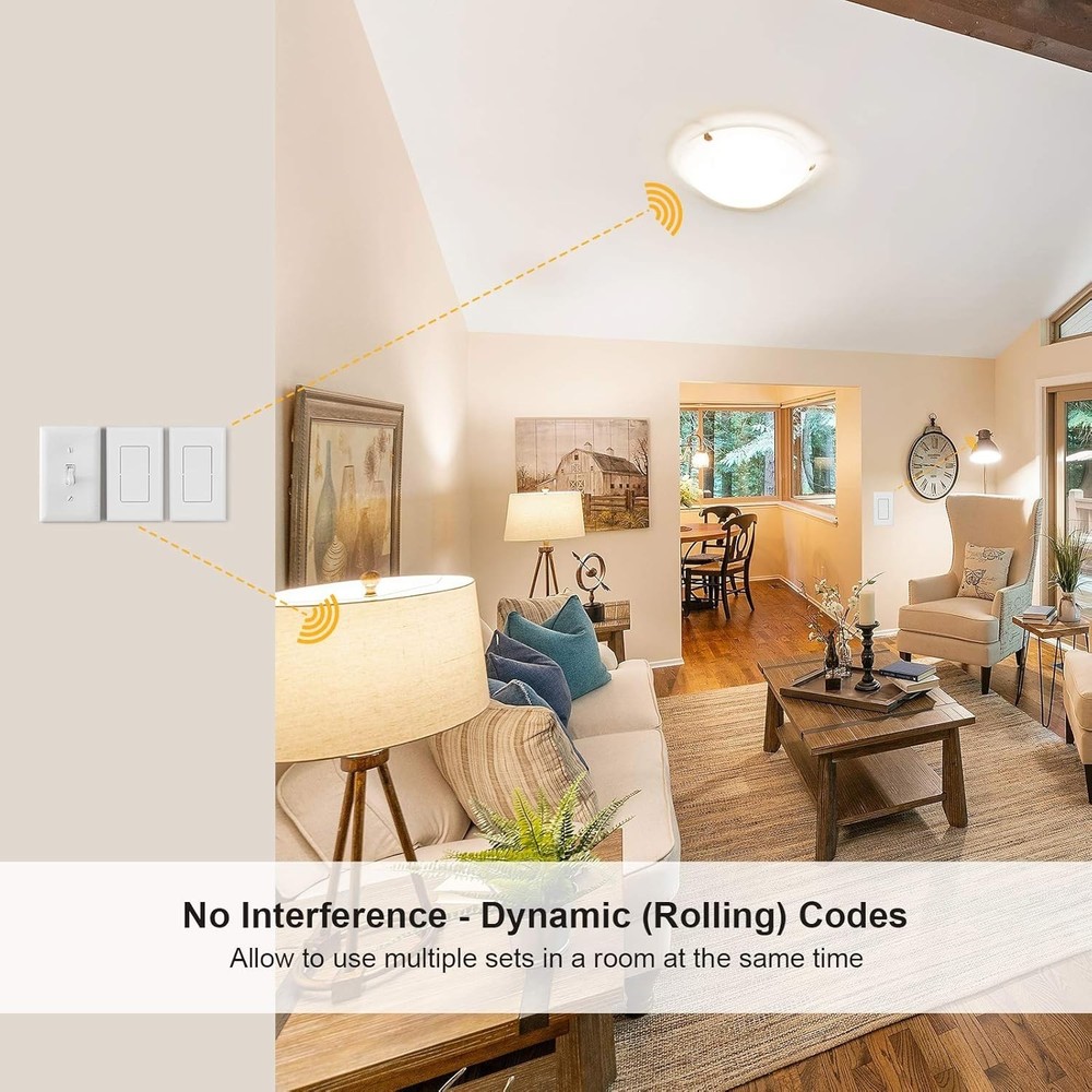 Wireless Remote Light Switch, No Wiring, No WiFi, 100ft RF Range, Pre-Program...