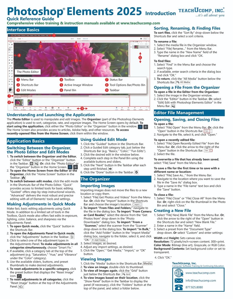 Photoshop Elements 2025 Training Guide Quick Reference Card 2 Page Cheat Sheet