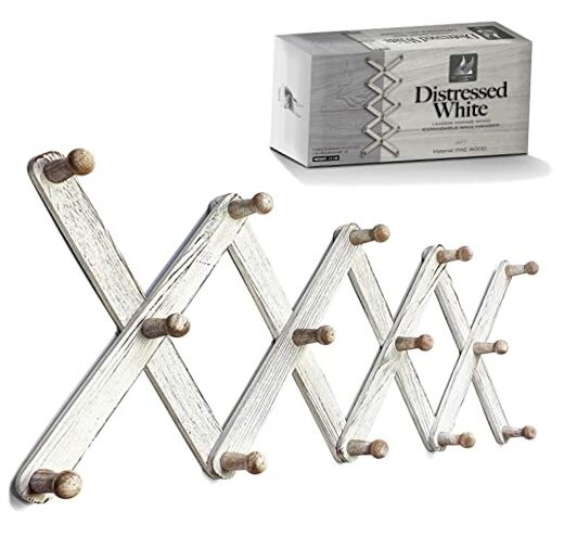 Expandable Wooden Coat 14 Hooks - Regular Size Distressed White (Rustic Style)